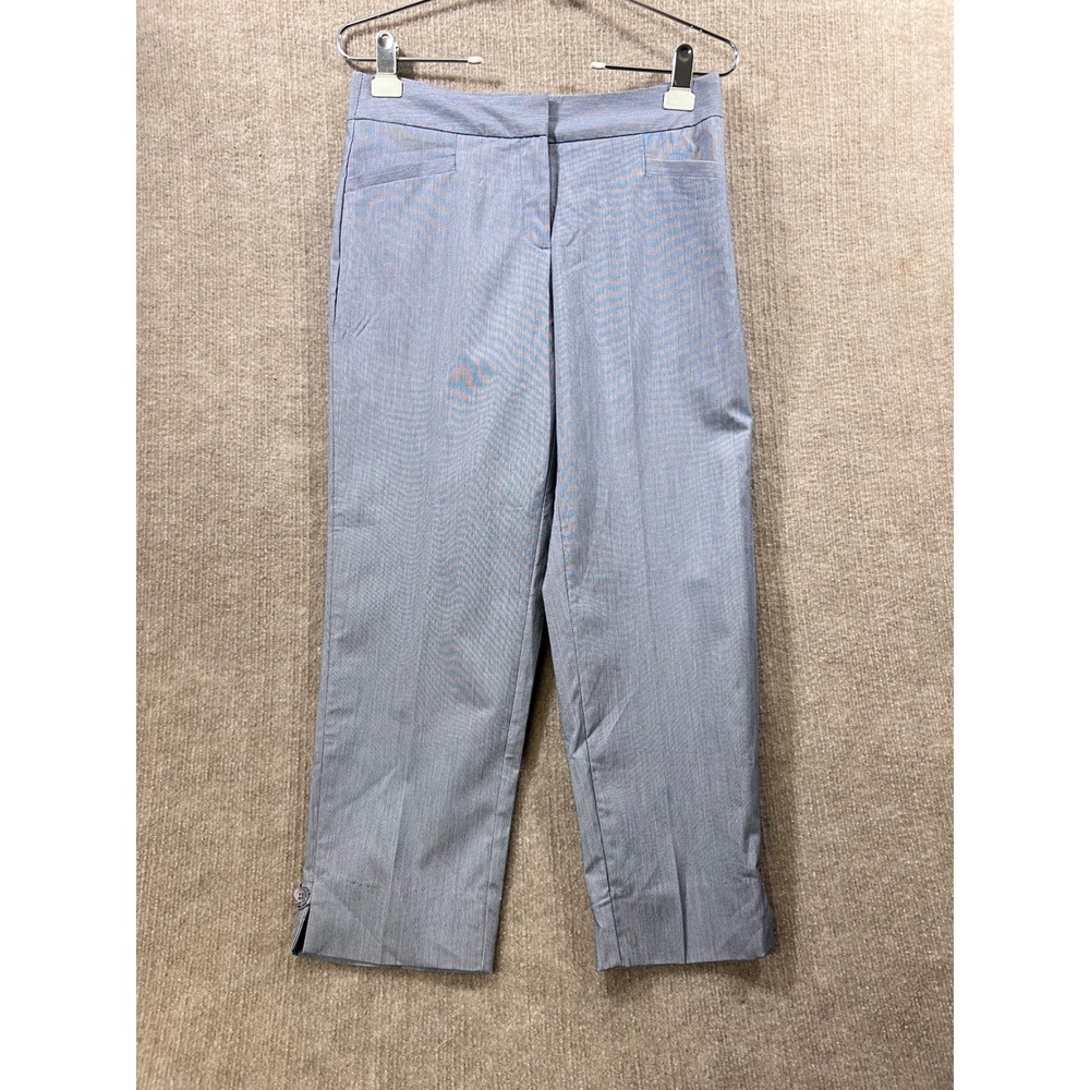 Roz & Ali Women's Blue Pinstripe Crop Pants Size 4 Button Detail NWT